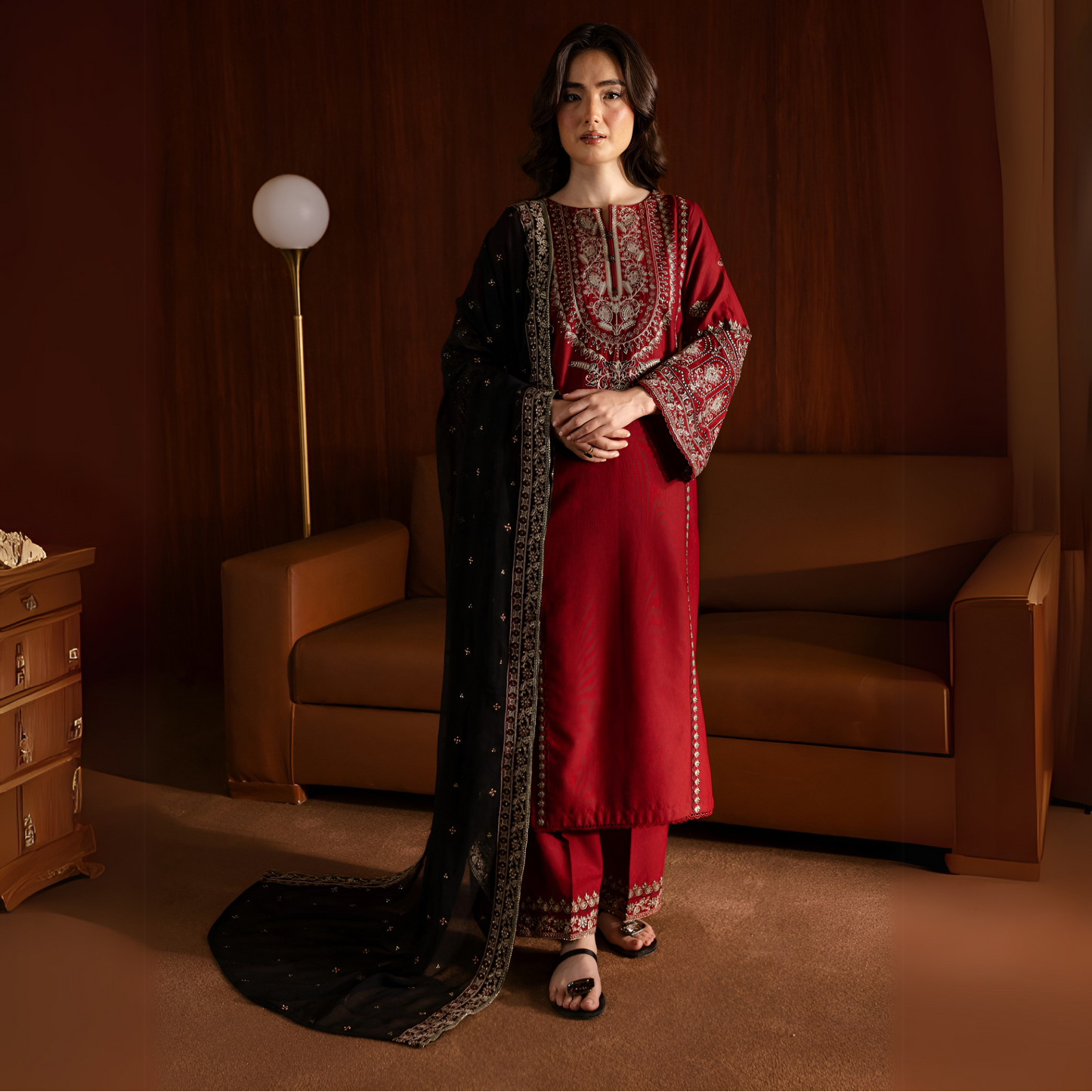 (Maroon) 3 Pc Embroidered Cambric Cotton Collection  | Ready to Wear | UMNAA