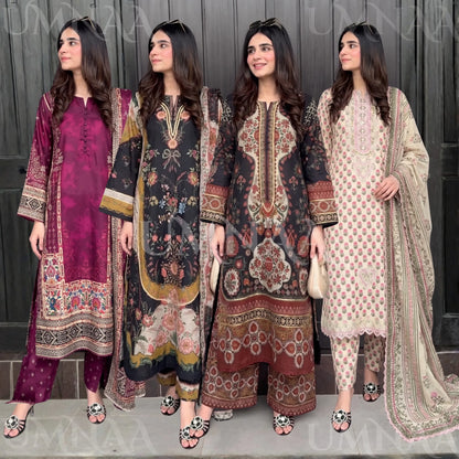 UA-228 Printed Lawn Long Kaftan Style 3  Piece Casual Summer Collection by Umnaa
