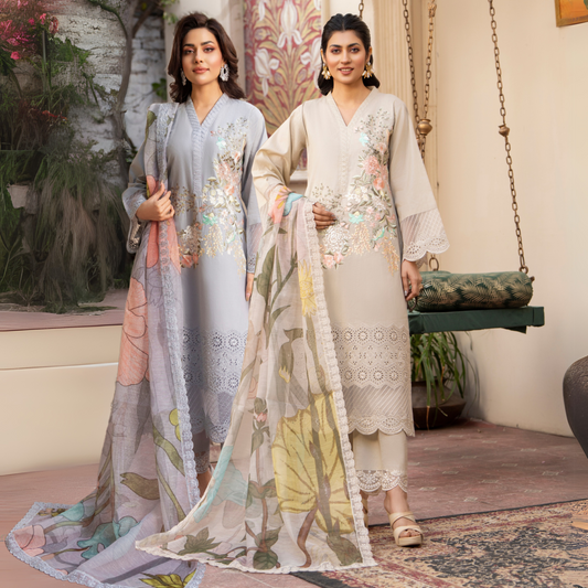 UKC-16 Embroidered Cambric Cotton Ready to Wear 3 Pc - Karma Collection