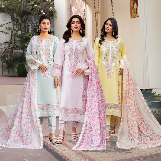 UKC-19 Chikenkari Cambric Cotton Ready to Wear Eid Collection 3 Pc - Karma Collection