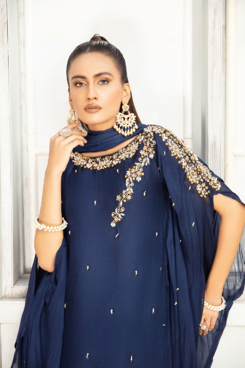 (Navy Blue) SIMRANS ‘FUSION GLAM’ | Chiffon 3PC Ready To Wear