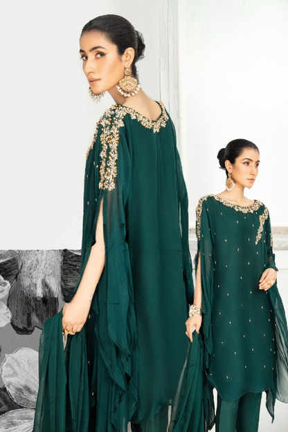 (Bottle Green) SIMRANS ‘FUSION GLAM’ | Chiffon 3PC Ready To Wear