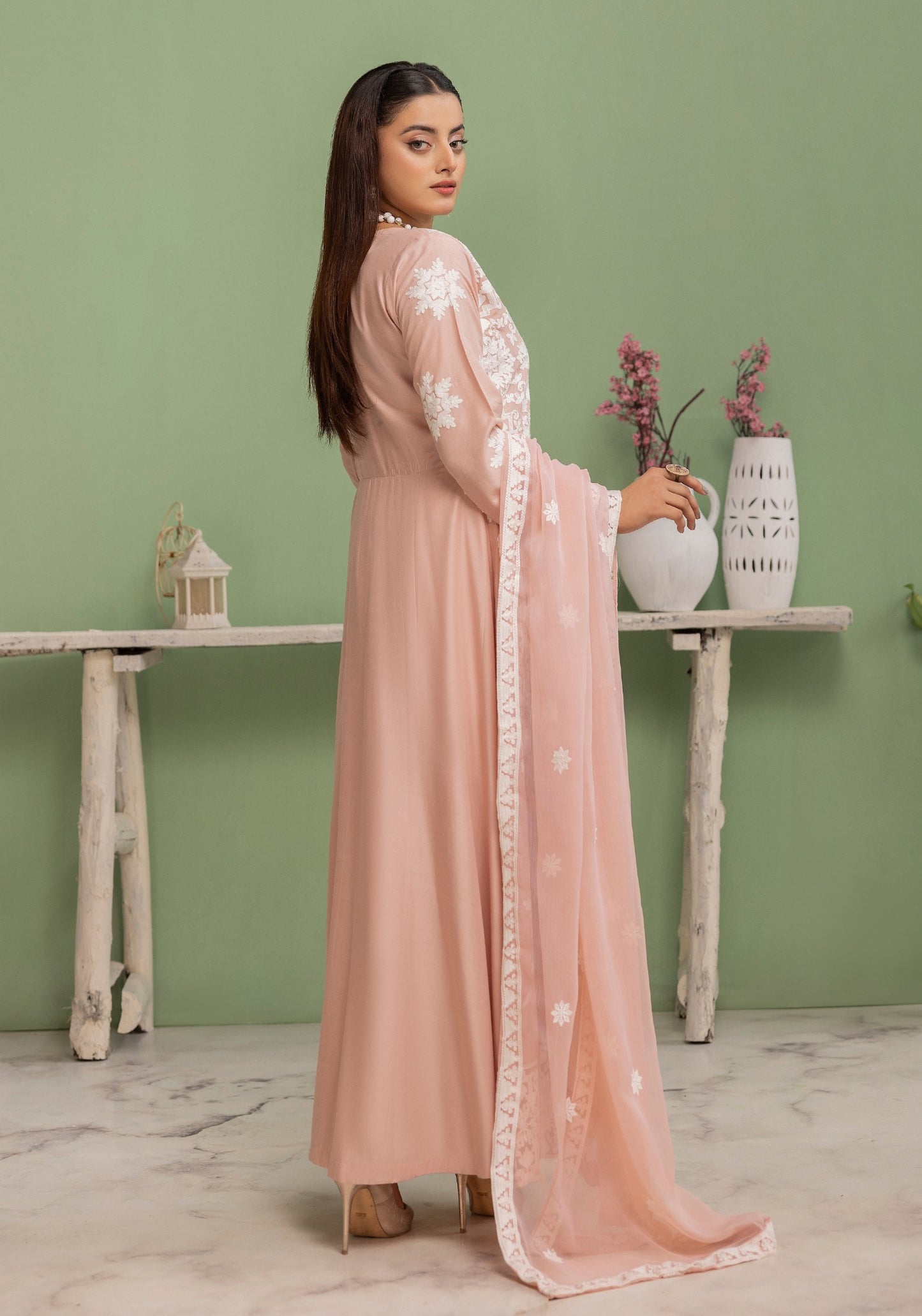 Peach | Embroidered Linen Long Frock (Maxi) | 3 Pc | Ready-to-wear | Simrans