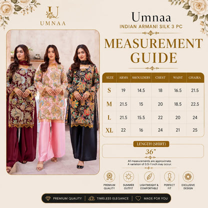 UA-225 Trendy Indian Armani Silk 3 Piece Suit by Umnaa | Embroidered Kameez with Shamoos Silk Shararah & Apple Silk Dupatta | Festive & Party Wear