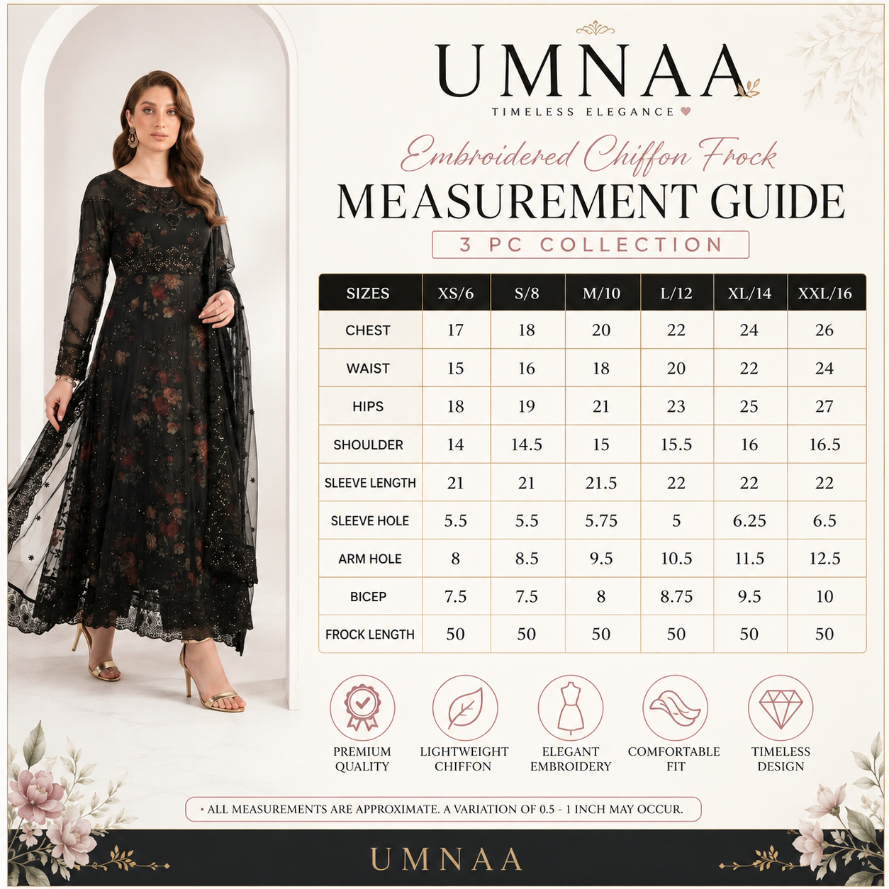 UA-224 Embroidered Chiffon Frock 3 Pc Suit | Printed Inner Lining | Trouser & Chiffon Dupatta | Formal Party Wear