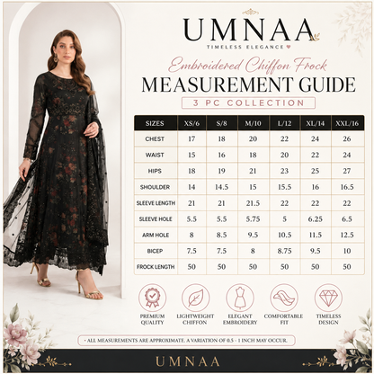 UA-224 Embroidered Chiffon Frock 3 Pc Suit | Printed Inner Lining | Trouser & Chiffon Dupatta | Formal Party Wear
