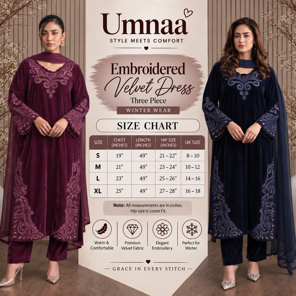 UA-300 Embroidered Velvet 3 Pc Collection | Umnna