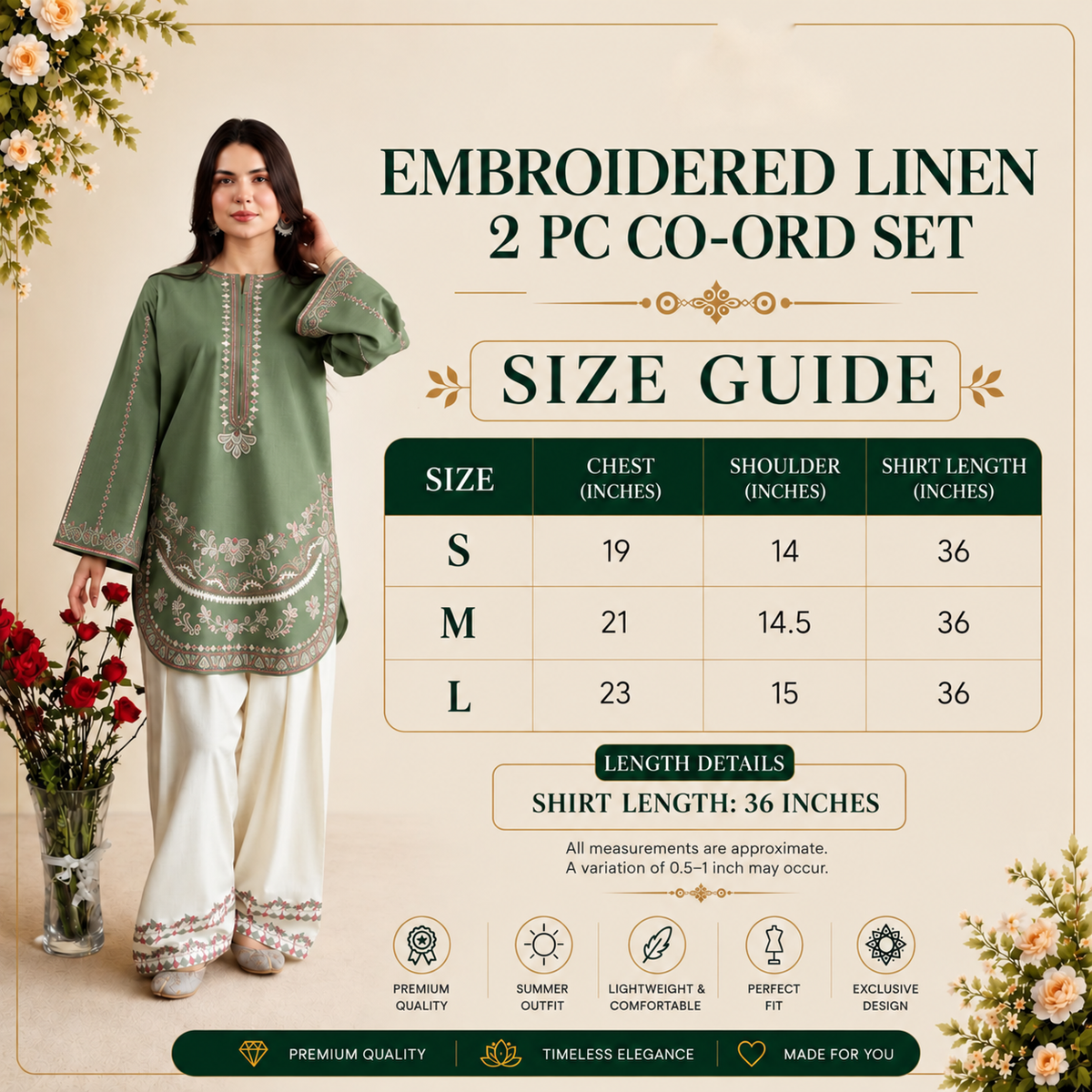 UA-313 Embroidered Linen 2 Pc Co-Ord Set with Farshi Shalwar by Umnaa