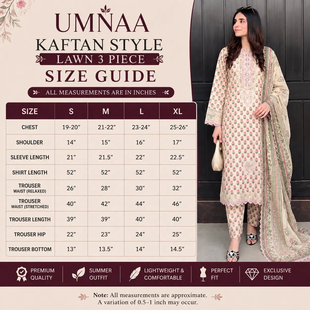 UA-229 Printed Lawn Long Kaftan Style 3  Piece Casual Summer Collection by Umnaa
