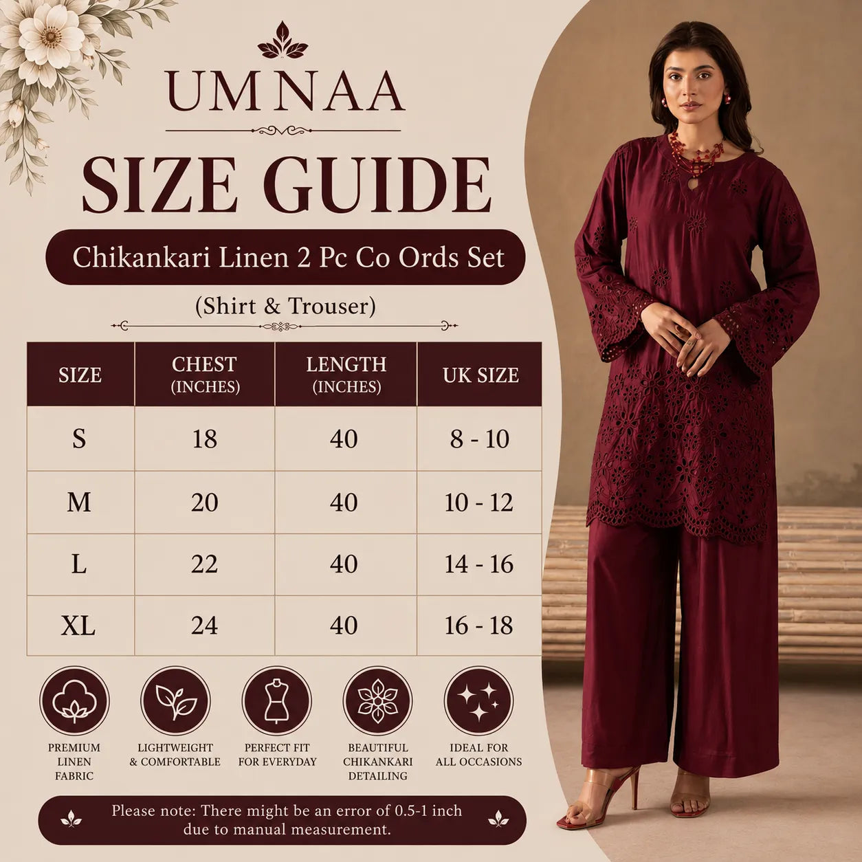 UMS-50 "Luxkari" Linen Chikenkari Co-Ords 2 pc Set by Umnaa