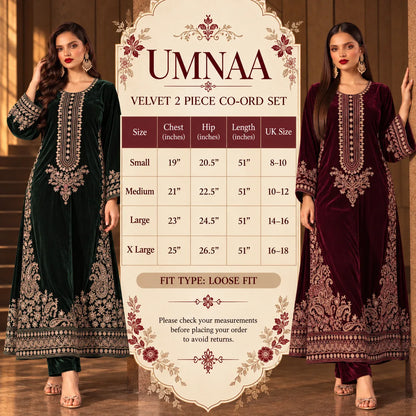 UA-320 Embroidered Velvet Kaftan Co-Ords 2 Pc | Umnaa