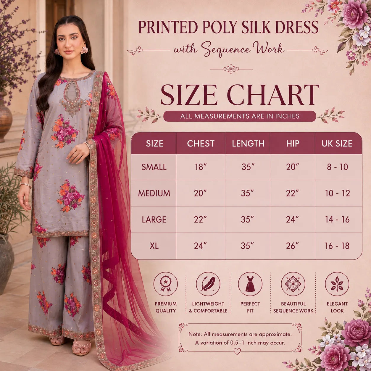 UA-287 Embroidered Printed Poly Silk Dress 3 Pc | Umnaa