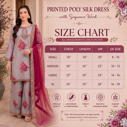 UA-287 Embroidered Printed Poly Silk Dress 3 Pc | Umnaa