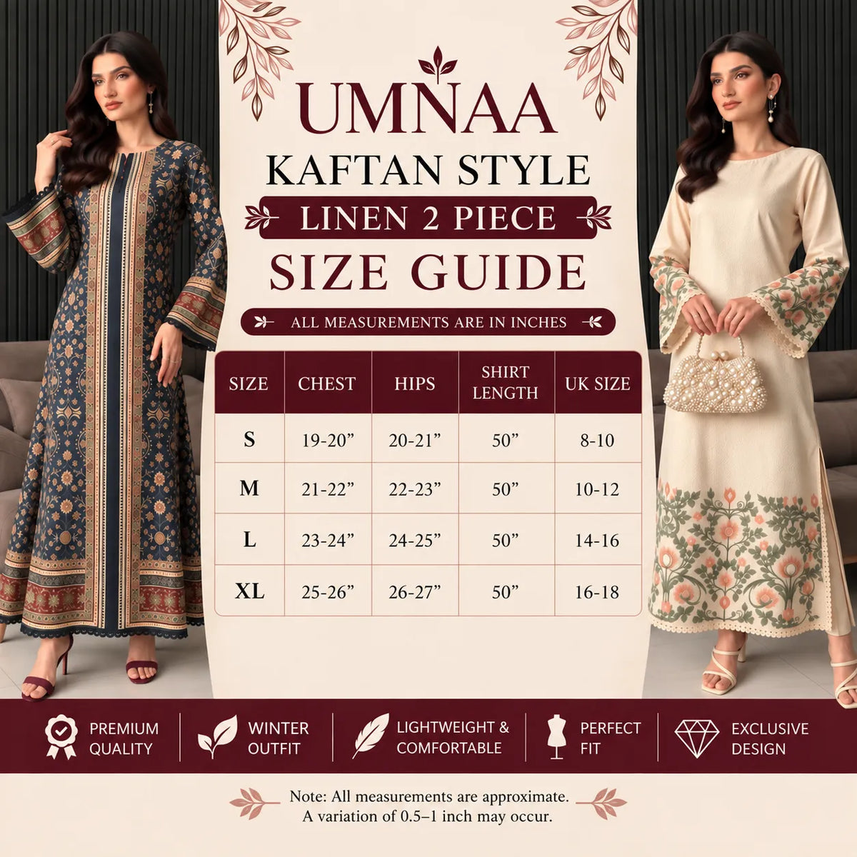 UA-298 Primted Linen Kaftan Style 2 Pc Co-Ord Set | Umnaa