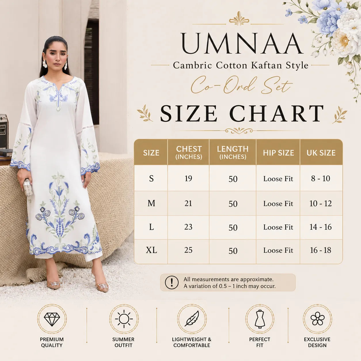 UA-247 Embroidered Cambric Cotton Kaftan Style Co-Ord Set Asian Wear | Umnaa