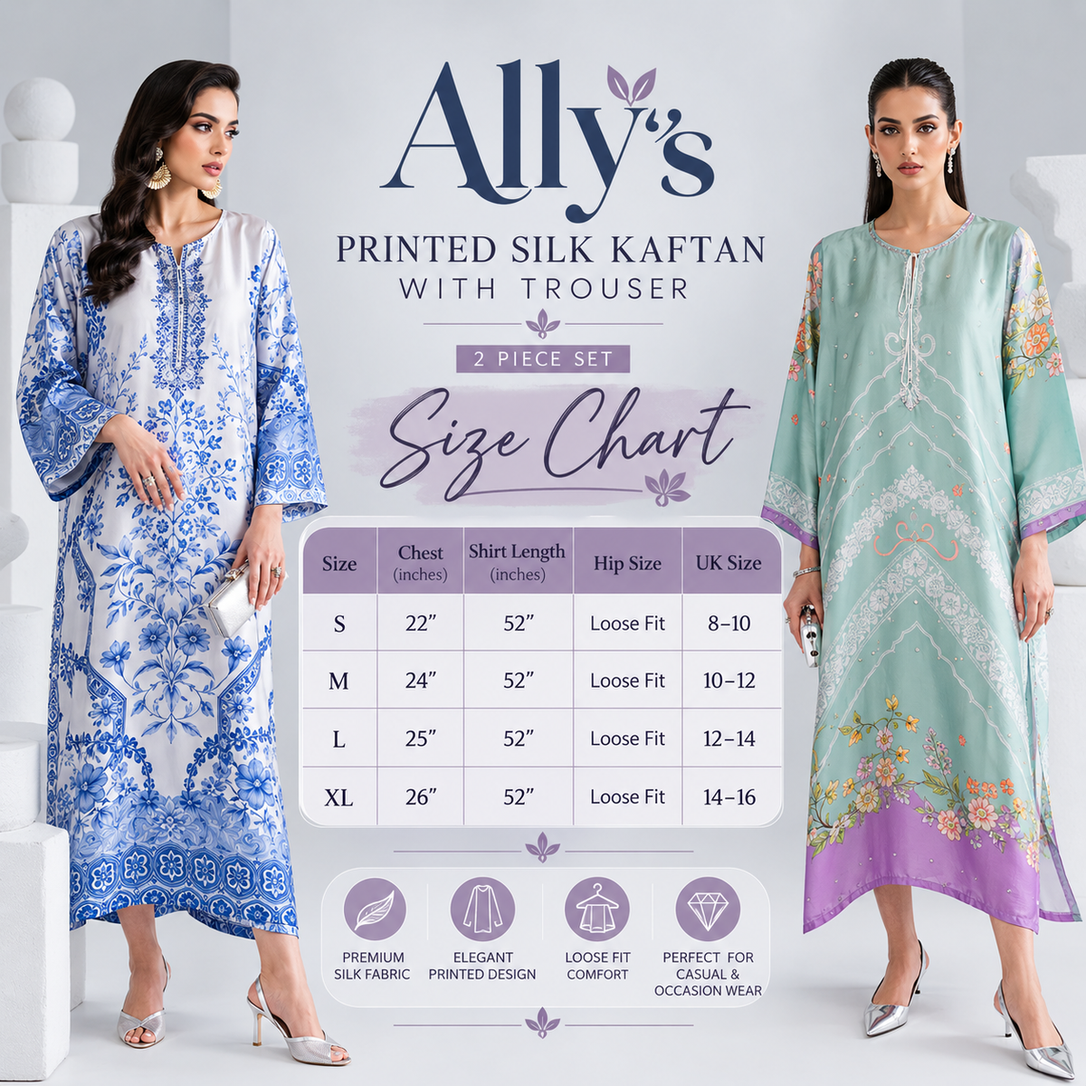UAL-09 Printed Silk Kaftan with Trouser 2 Pc Set | Ally's