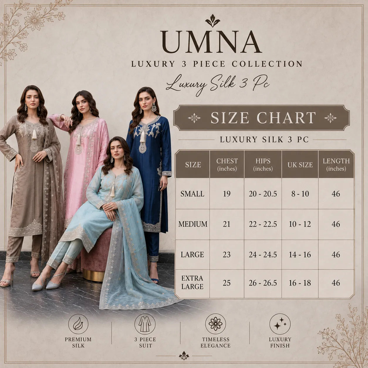 UA-289 Luxury Silk 3-Pc Suit | Embroidered Pakistani Formal Wear