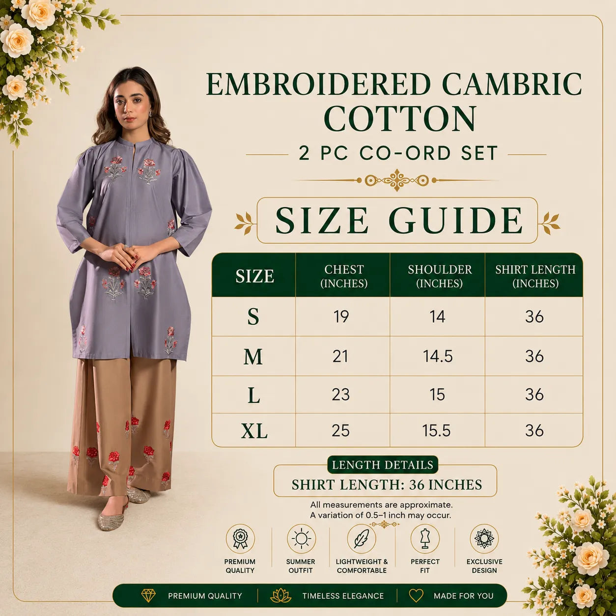 UA-259 Embroidered Cambric Cotton 2 Pc Co-Ord Set by Umnaa