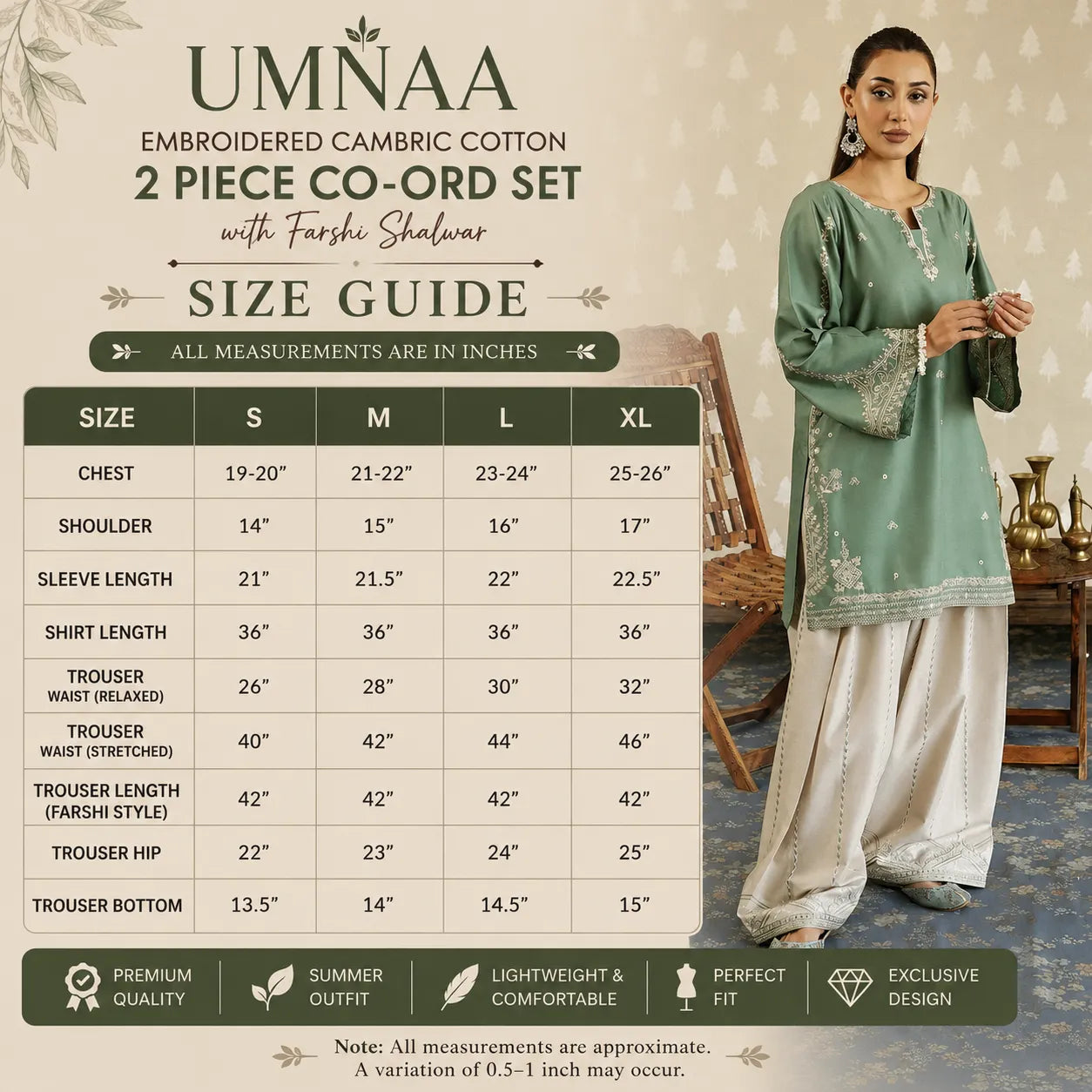 UA-231 Embroidered Cambric Cotton 2 Pc Co-Ord Set with Farshi Shalwar by Umnaa