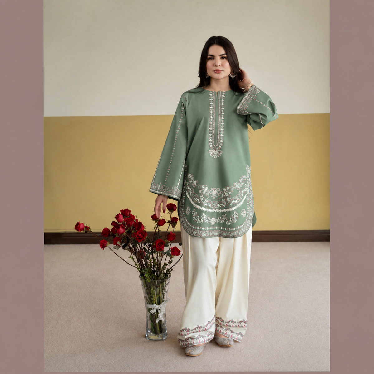 UA-313 Embroidered Linen 2 Pc Co-Ord Set with Farshi Shalwar by Umnaa