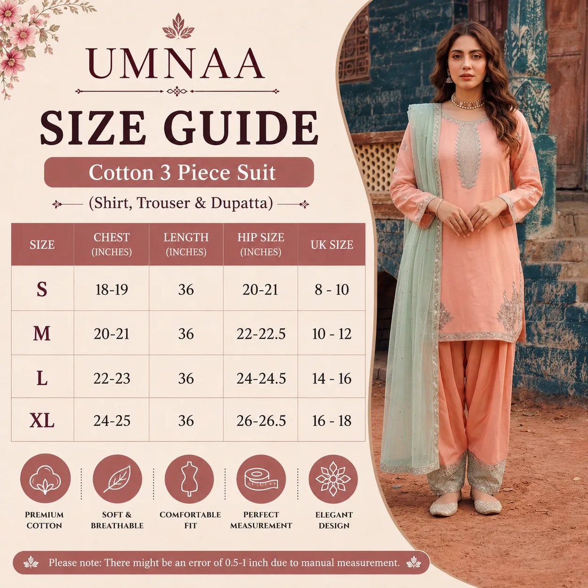 UA-247 Embroidered Cotton 3 Piece Suit by Umnaa | Ready to Wear