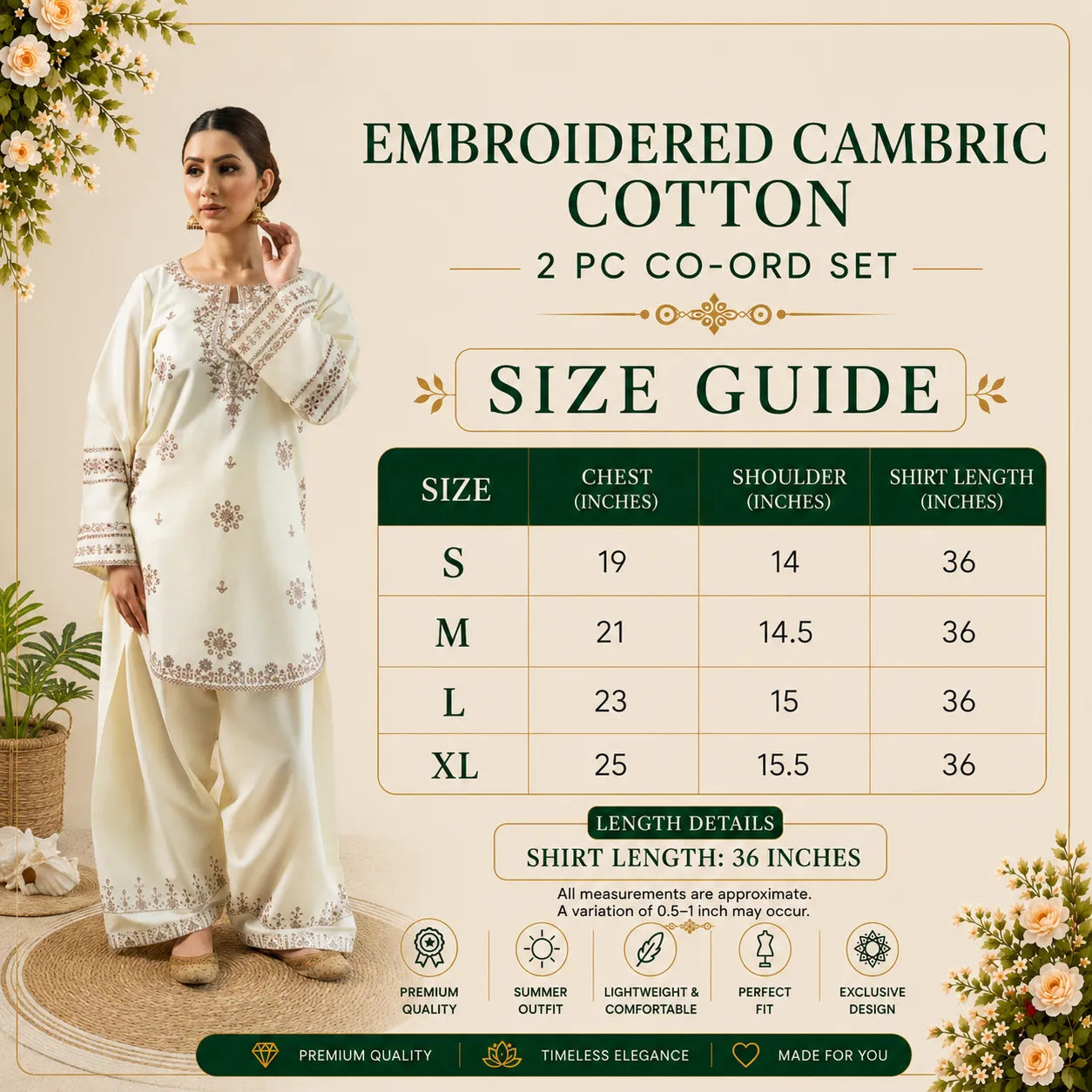UA-260 Embroidered Cambric Cotton 2 Pc Co-Ord Set with Farshi Shalwar by Umnaa