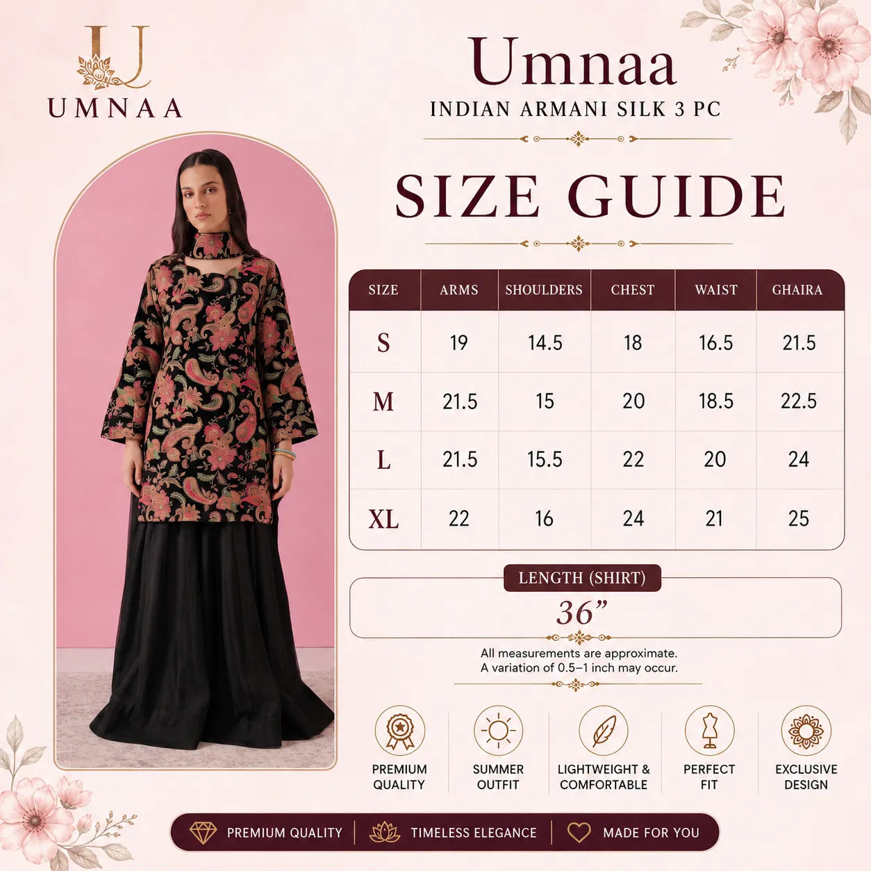 UA-245 Trendy Indian Armani Silk 3 Piece Suit by Umnaa | Embroidered Kameez with Shamoos Silk Bengali Shararah & Chiffon Dupatta | Festive & Party Wear