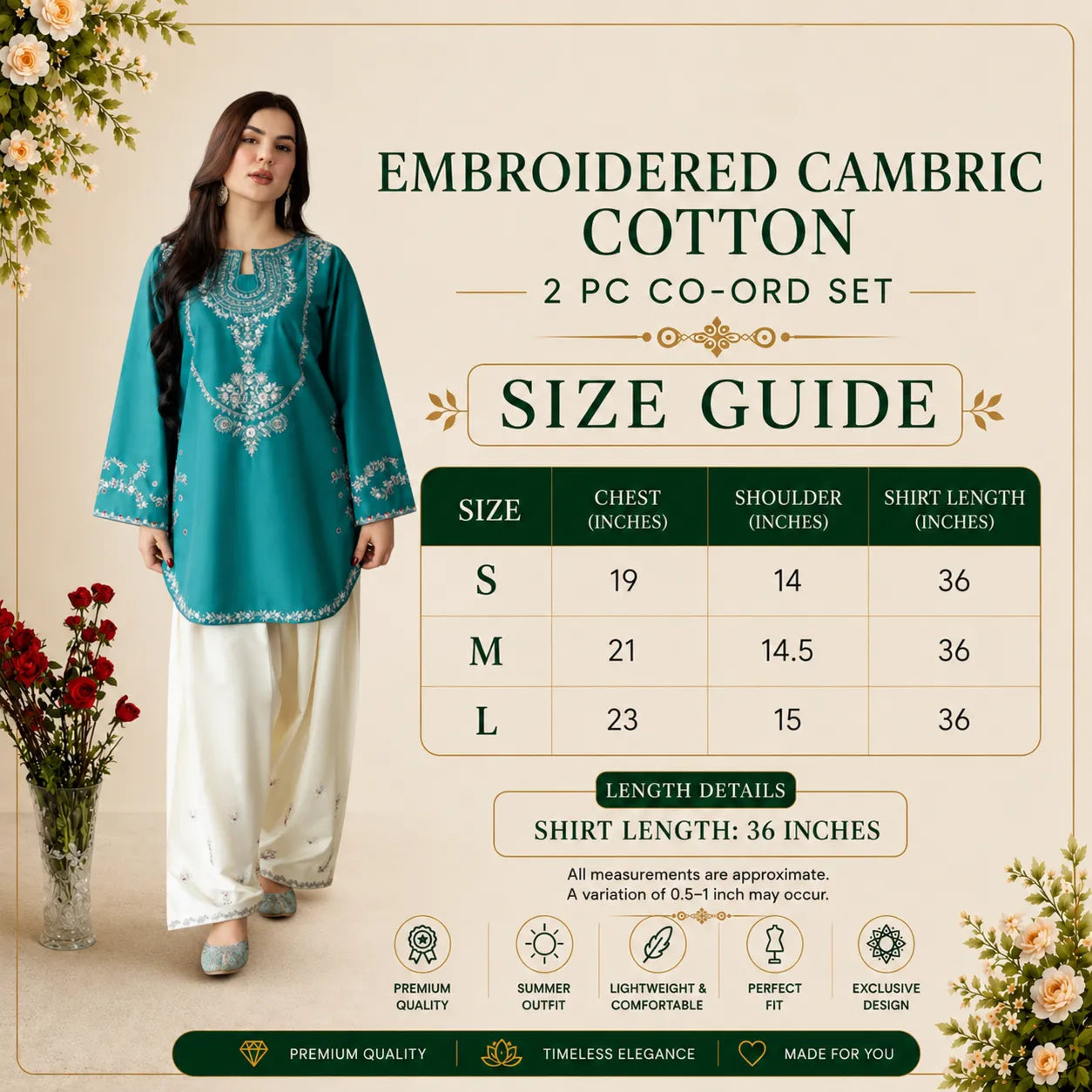 UA-258 Embroidered Cambric Cotton 2 Pc Co-Ord Set with Farshi Shalwar by Umnaa