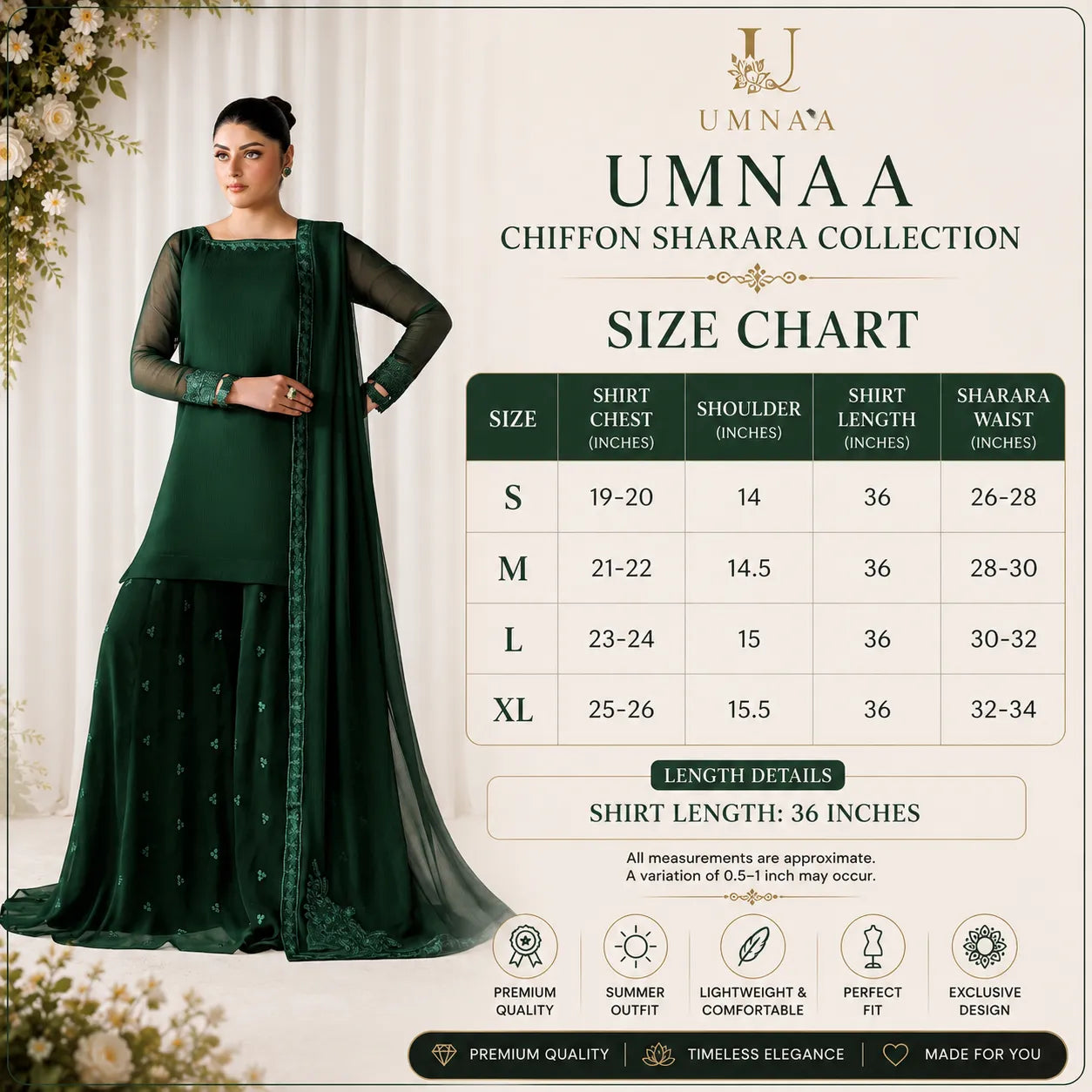 UA-230 Chiffon Sharara Full Sleeves Lined 3 Piece Suit | Chiffon Shirt with Embroidered Sharara & Dupatta | Formal Party Wear