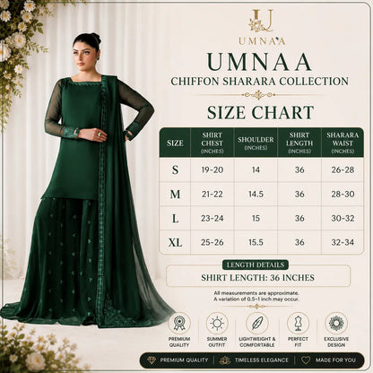 UA-230 Chiffon Sharara Full Sleeves Lined 3 Piece Suit | Chiffon Shirt with Embroidered Sharara & Dupatta | Formal Party Wear