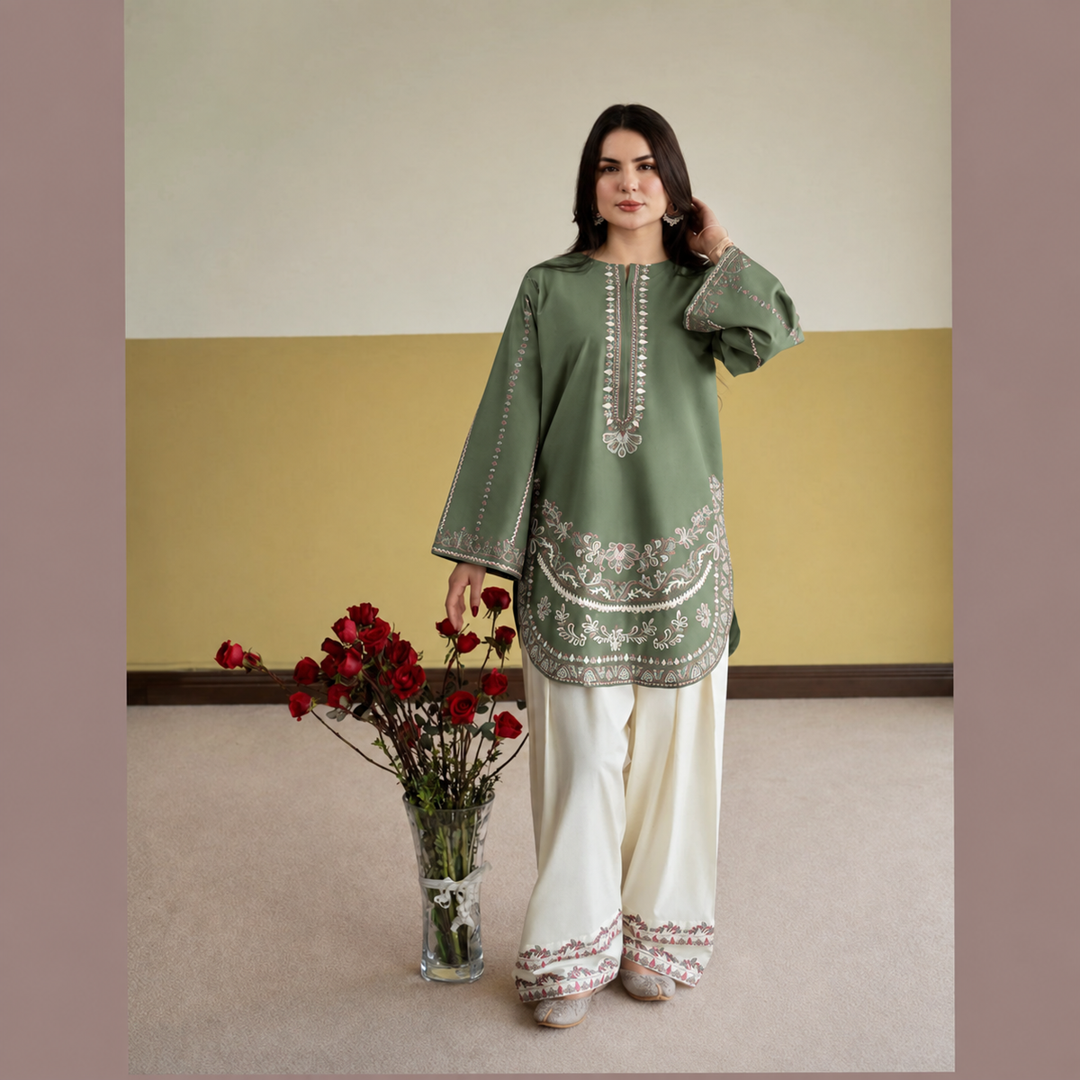 UA-313 Embroidered Linen 2 Pc Co-Ord Set with Farshi Shalwar by Umnaa