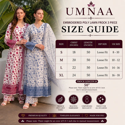 UA-263 Embroidered Poly Lawn Frock 3 Pc Collection by Umnaa