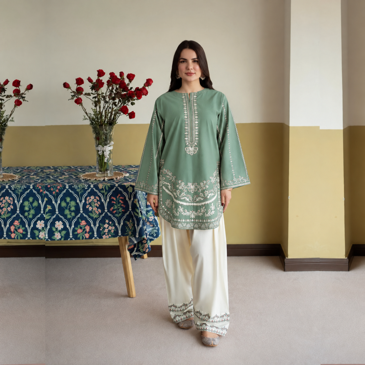 UA-313 Embroidered Linen 2 Pc Co-Ord Set with Farshi Shalwar by Umnaa
