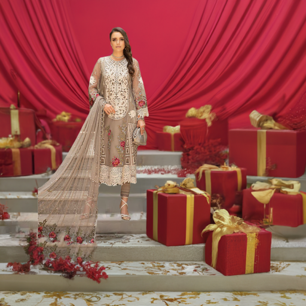 (Mouse Grey) Embroidered Luxury Organza Collection-MARIA.B)