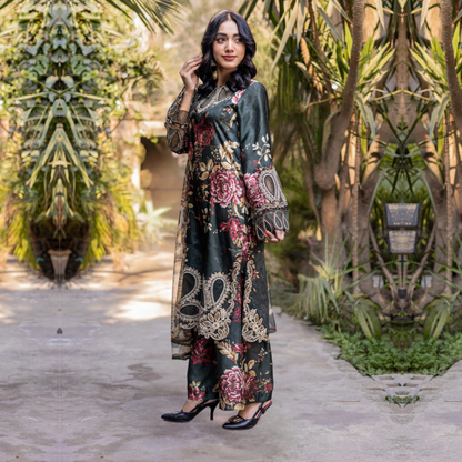 UMRZ-42 Embroidered Printed Silk Pakistani 3 Pc Dress| Ready to Wear | Rangz
