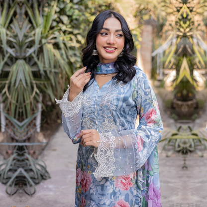 UMRZ-42 Embroidered Printed Silk Pakistani 3 Pc Dress| Ready to Wear | Rangz