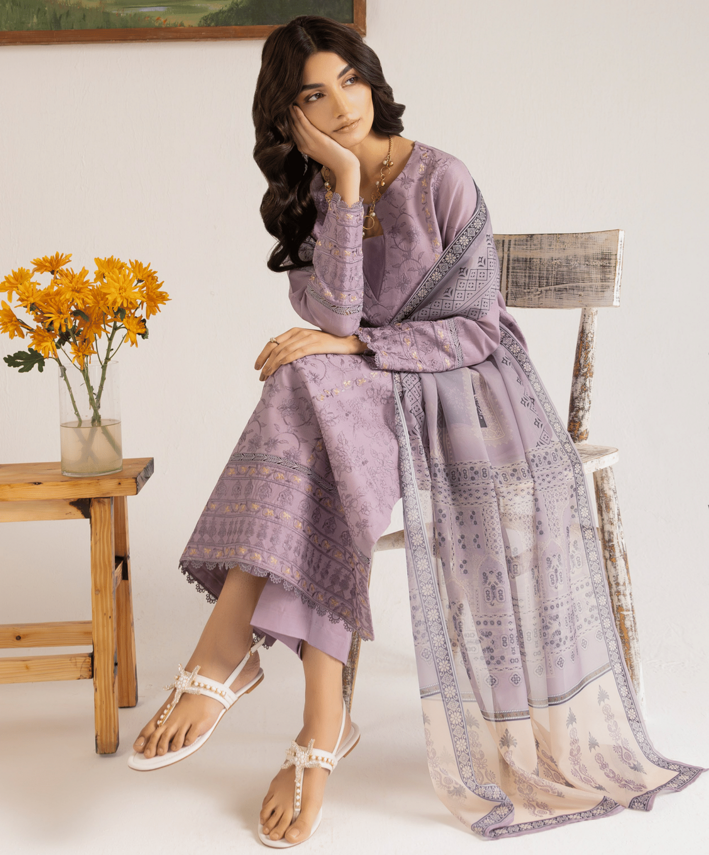 Lilac 3 Piece Embroidered Lawn Dress - Esra Fashion