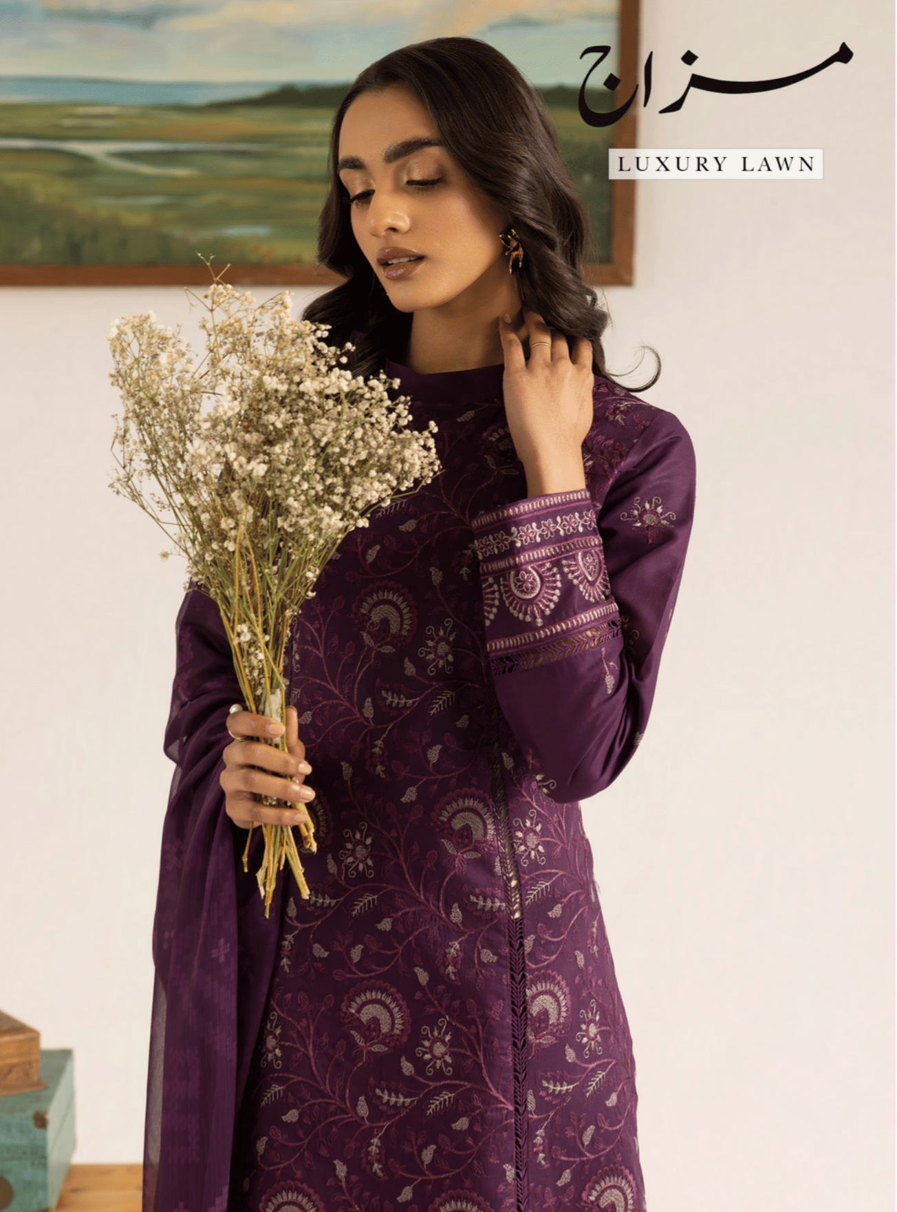 Plum 3 Piece Embroidered Lawn Dress - Esra Fashion