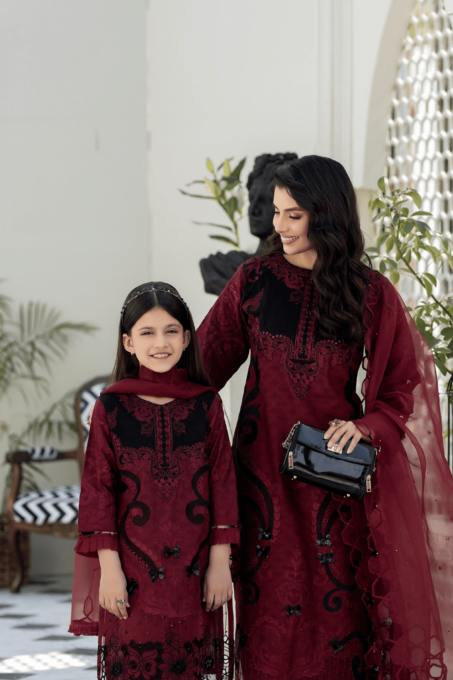 (Maroon) Mother & Daughter 3 Pc Chikenkari Lawn Dress by Simrans
