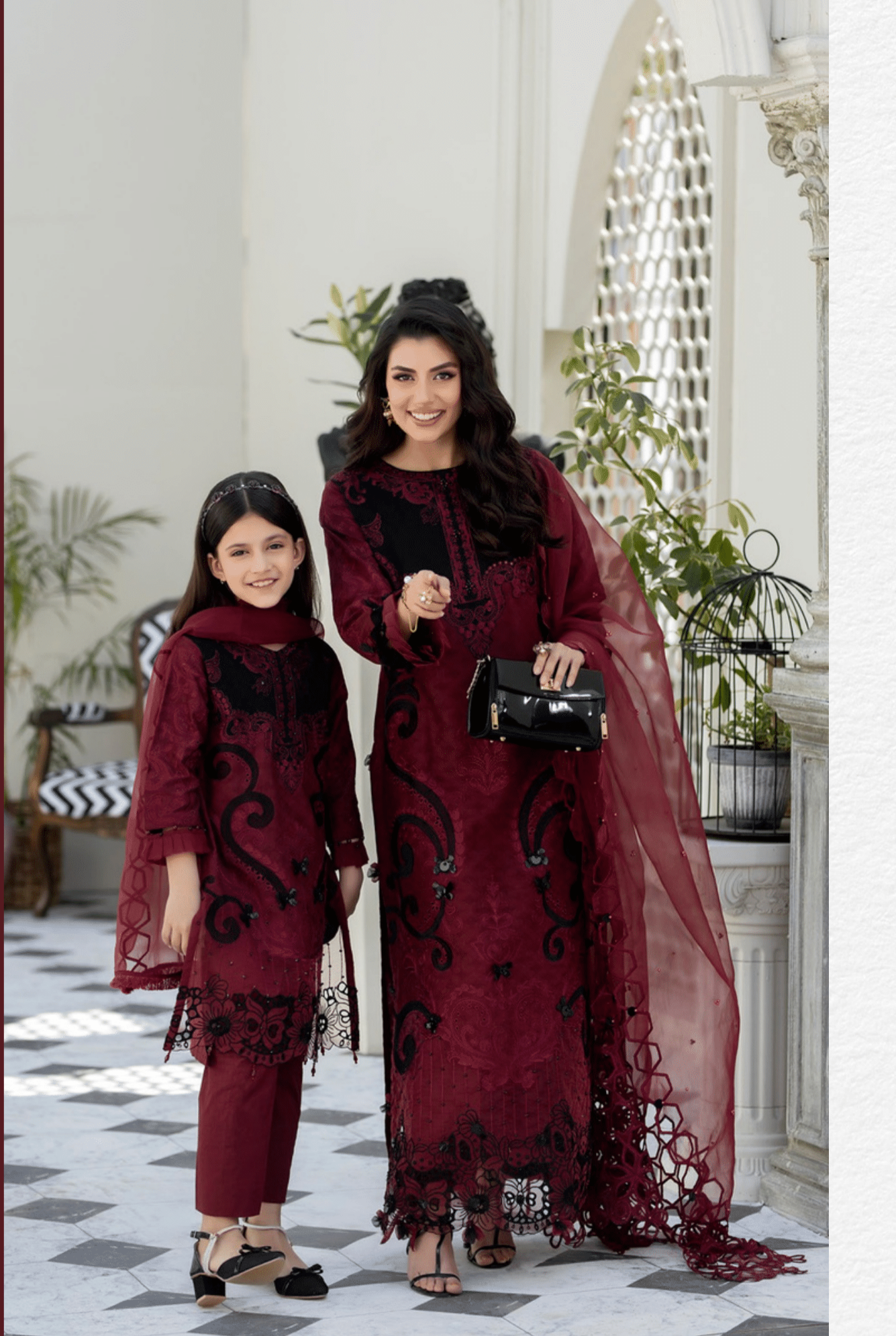 (Maroon) Mother & Daughter 3 Pc Chikenkari Lawn Dress by Simrans