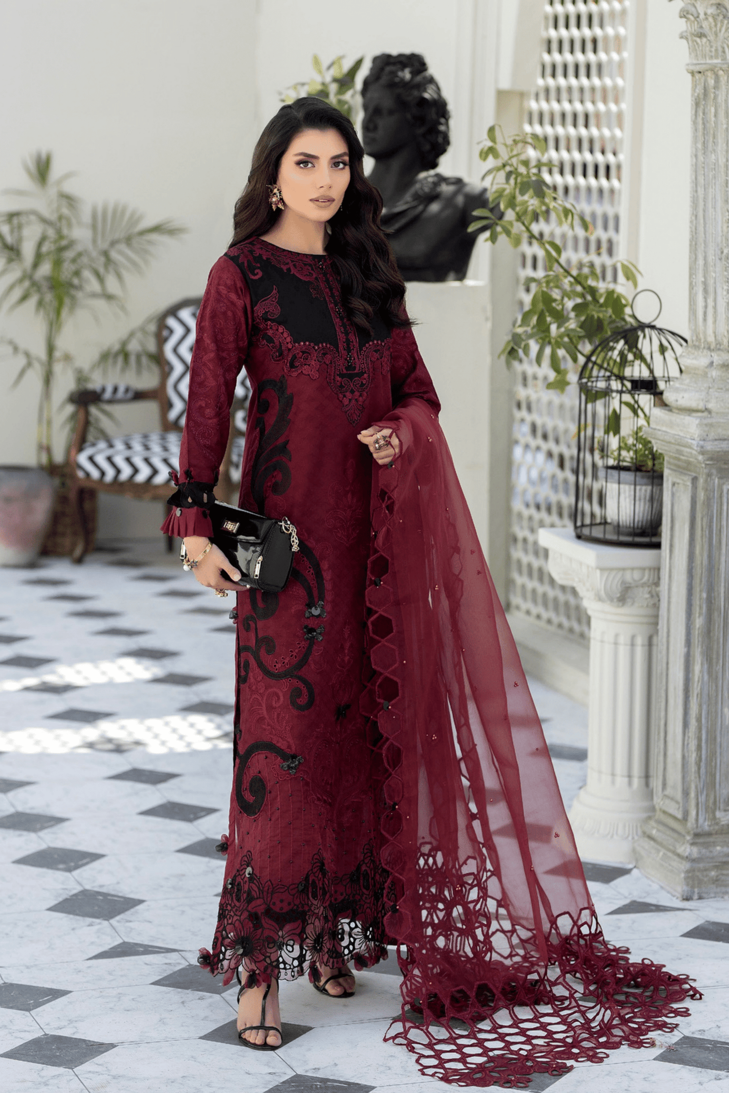 (Maroon) Mother & Daughter 3 Pc Chikenkari Lawn Dress by Simrans