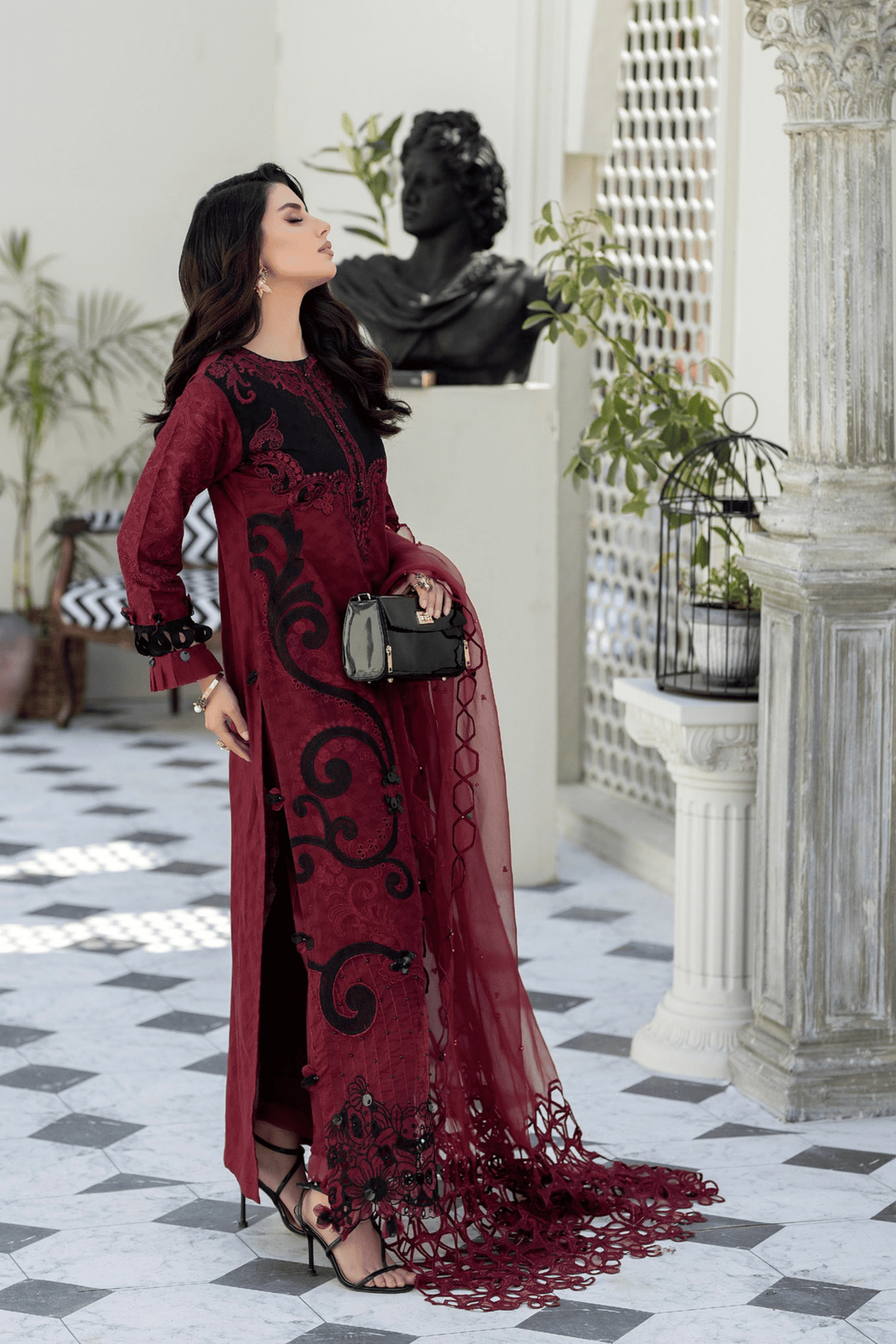 (Maroon) Mother & Daughter 3 Pc Chikenkari Lawn Dress by Simrans