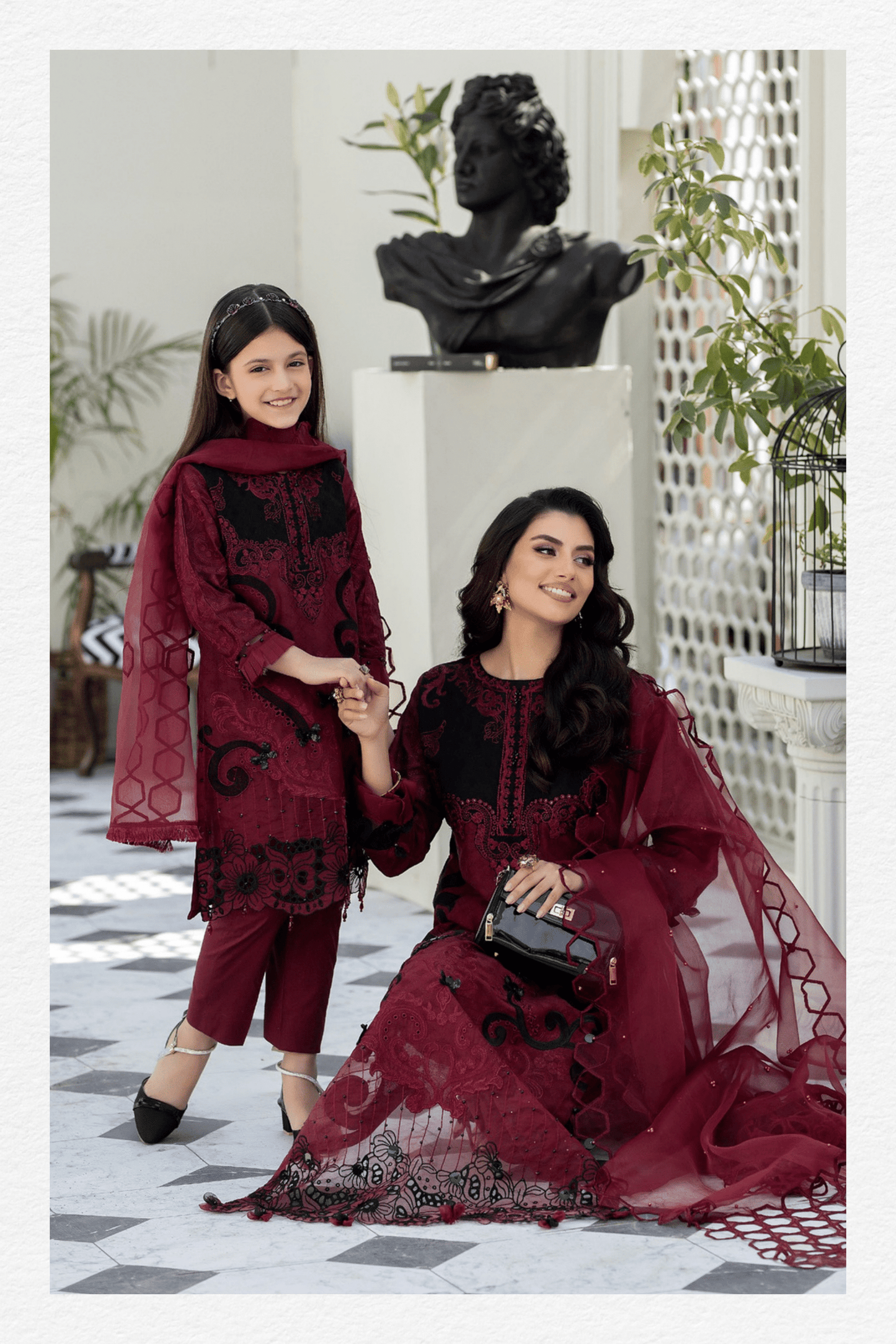 (Maroon) Mother & Daughter 3 Pc Chikenkari Lawn Dress by Simrans