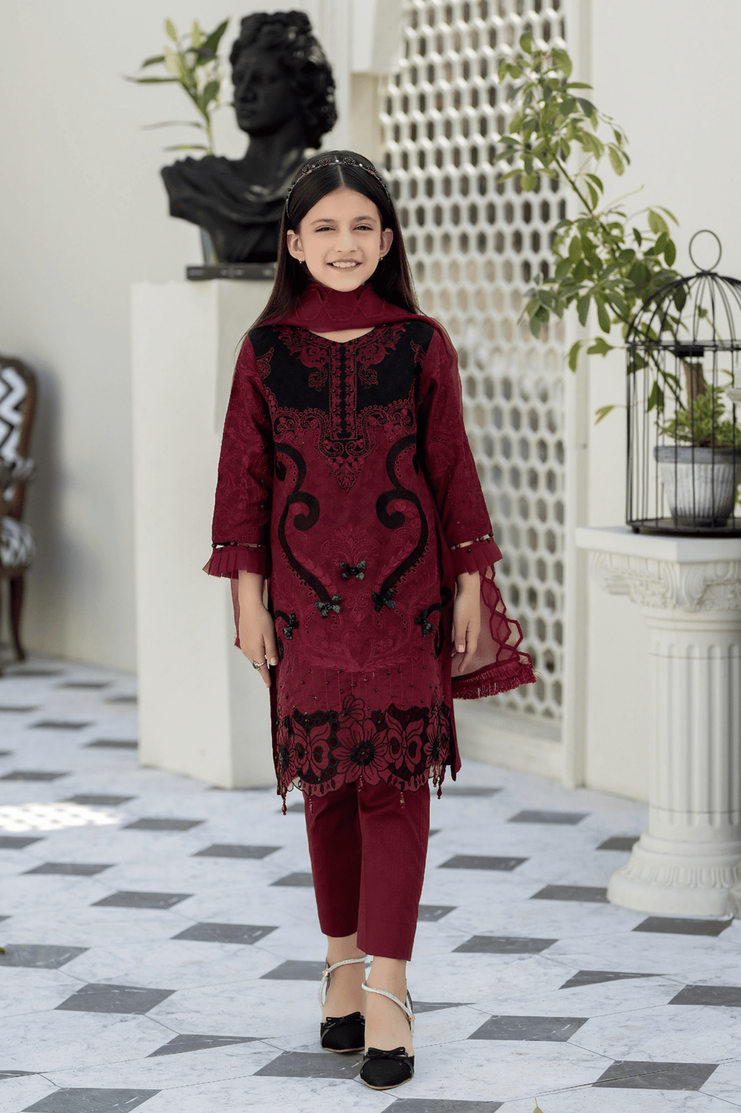 (Maroon) Mother & Daughter 3 Pc Chikenkari Lawn Dress by Simrans