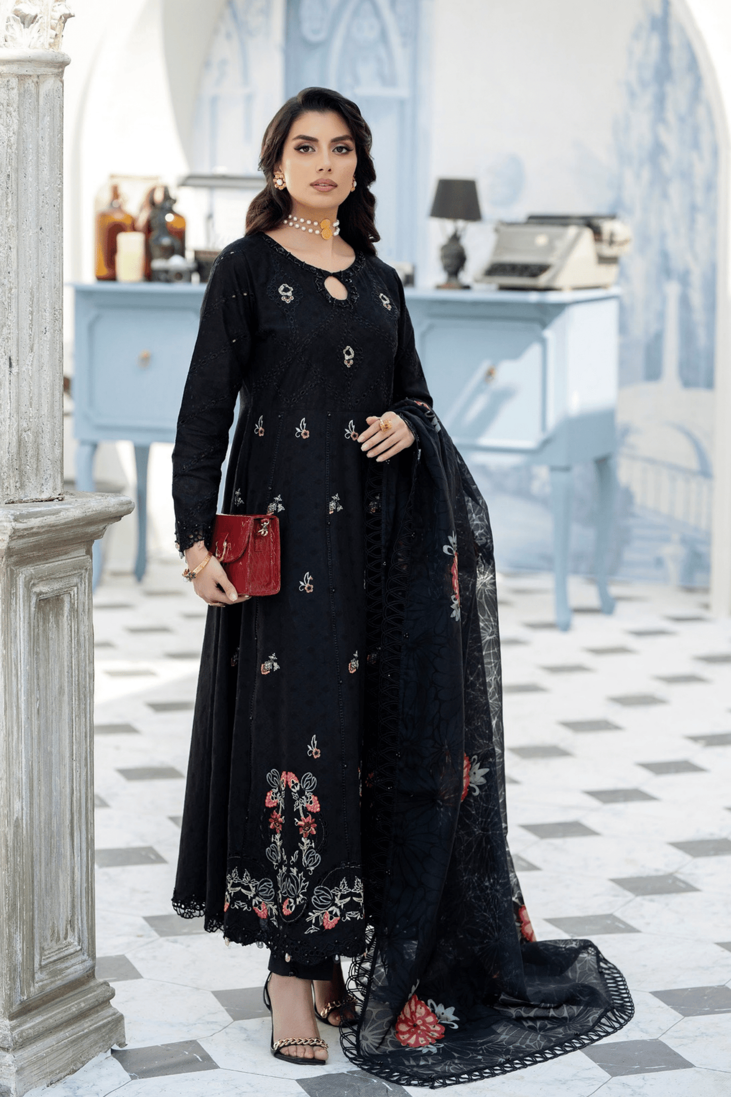 (Black) Mother & Daughter 3 Pc Chikenkari Lawn Dress by Simrans