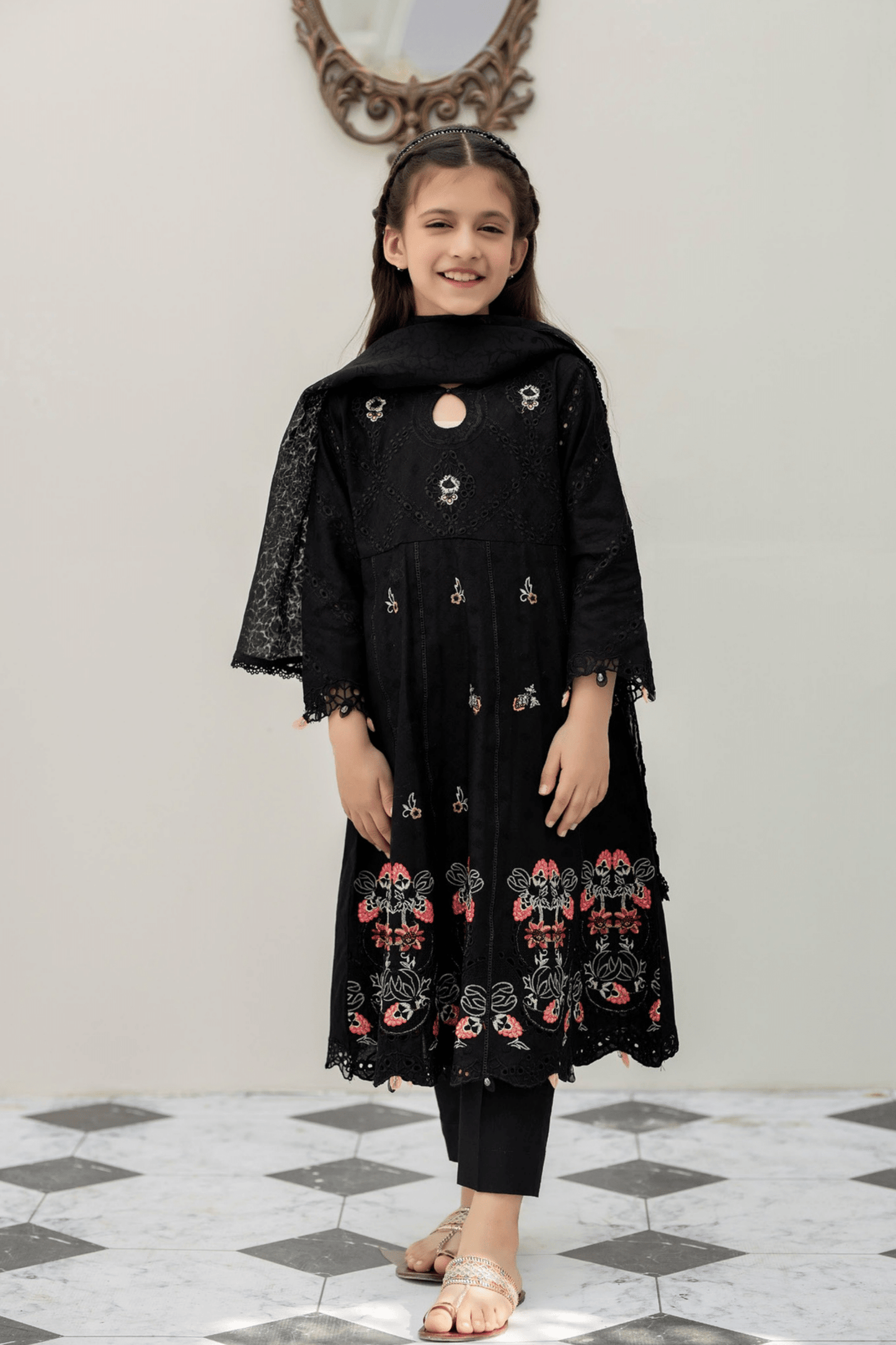 (Black) Mother & Daughter 3 Pc Chikenkari Lawn Dress by Simrans
