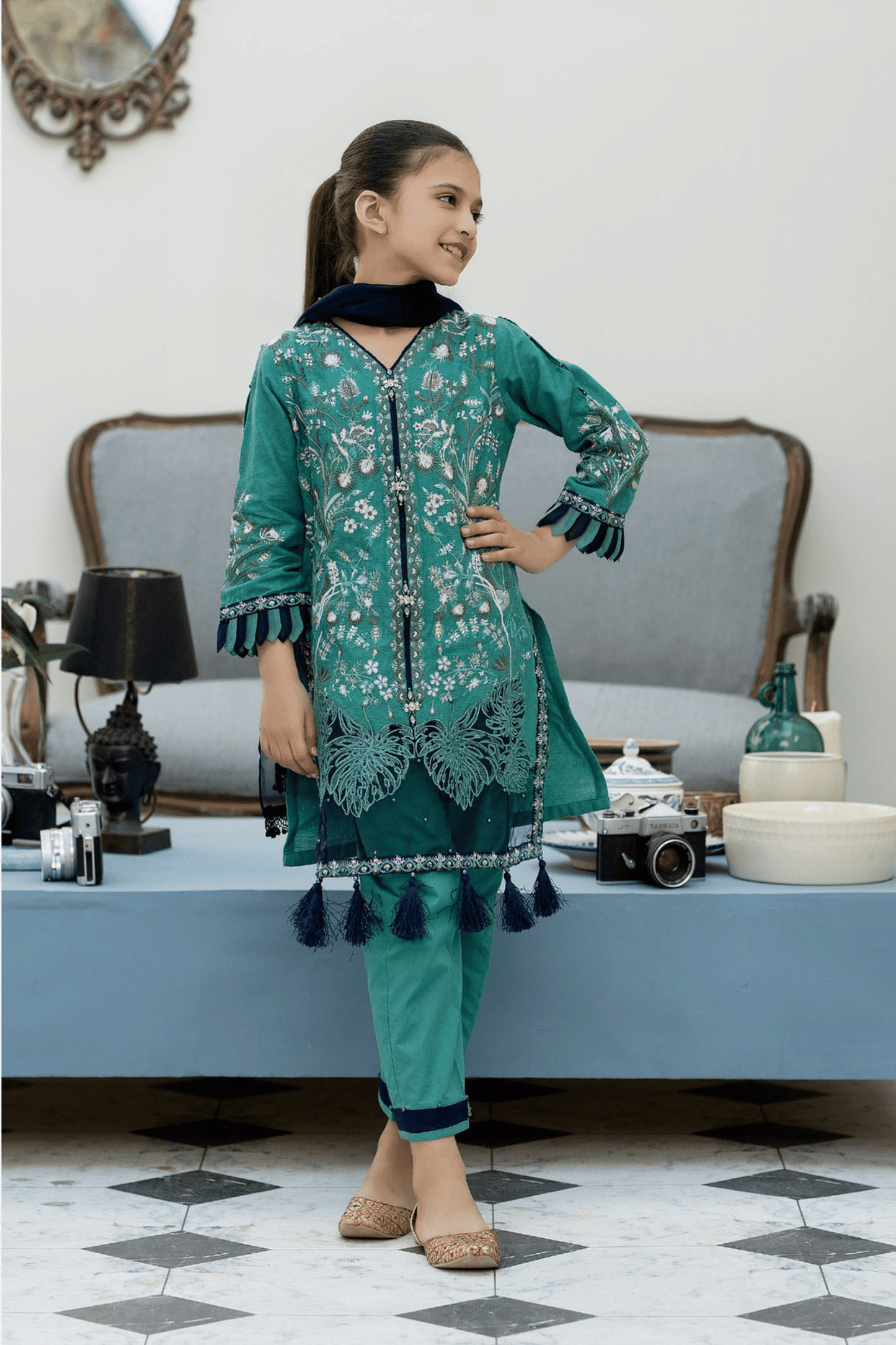 (Sea Green) Mother & Daughter 3 Pc Chikenkari Lawn Dress by Simrans