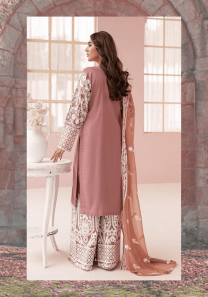 (Pink) "Fiza" Embroidered Linen 3 Pc Dress By Simrans