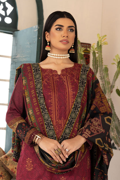 Maroon Embroidered+Digital Printed Dress-Johra