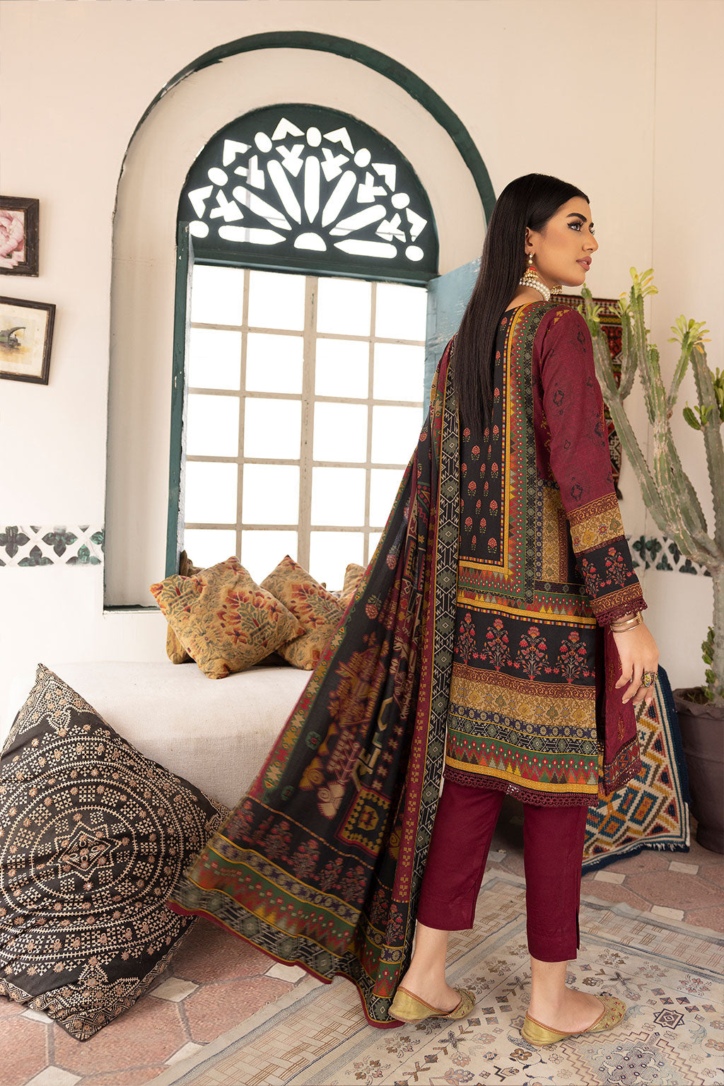 Maroon Embroidered+Digital Printed Dress-Johra
